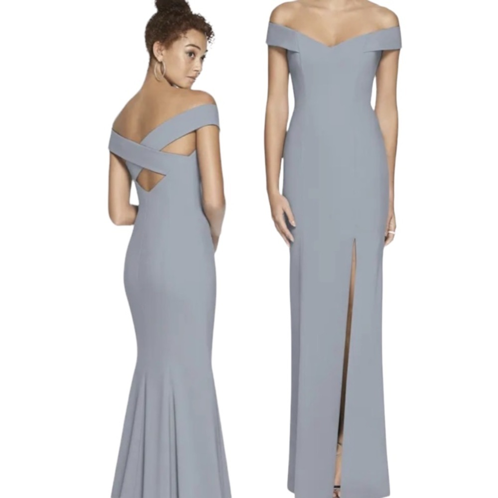 Dessy Off the Shoulder Criss Cross Back Trumpet Gown Platinum Sz 4